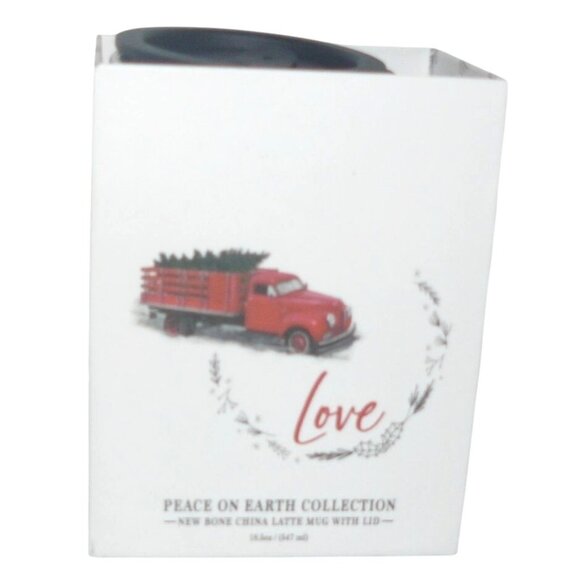 Peace On Earth Love Latte Mug w Lid 16 Oz Bone China Red Truck Design NIB NWT - Picture 4 of 4